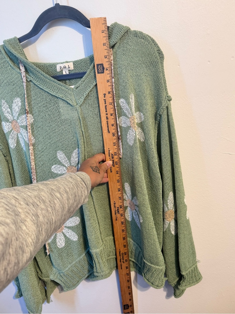POL Sage Green Daisy Flower Open Knit Crochet Hooded Sweater Size Large - Picture 8 of 11